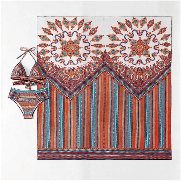 Boho Print Cut out Halter High Waisted Bikini Cover up - Picture 9 of 12